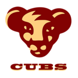 Stilisiertes hellbraunes und kastanienbraunes Logo mit dem Gesicht eines Löwenjungen und dem Wort CUBS in fetten Großbuchstaben unter der Illustration.