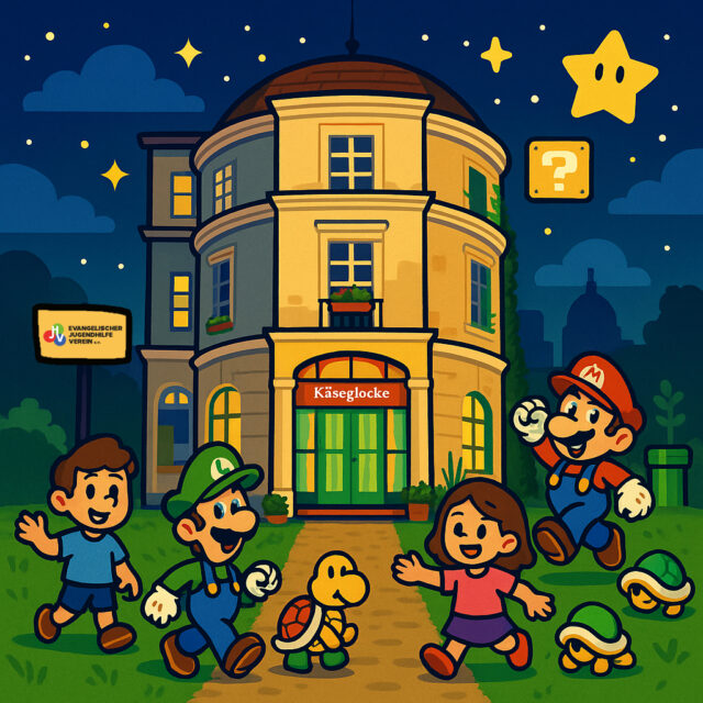 Vier Zeichentrickfiguren, die an Super Mario, Luigi und zwei Kinder erinnern, laufen fröhlich vor einem runden gelben Gebäude mit der Aufschrift Käseglocke bei Nacht. In der verspielten Szene sind auch Mario-Symbole und eine Schildkröte zu sehen.