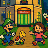 Zeichentrickfiguren, die Mario, Luigi, einem Mädchen und einer Schildkröte ähneln, versammeln sich fröhlich vor einem Gebäude mit der Aufschrift Käseglocke. Zwei Schildkrötenpanzer stehen in der Nähe. Die Szene ist bunt und fröhlich und spielt am Abend.